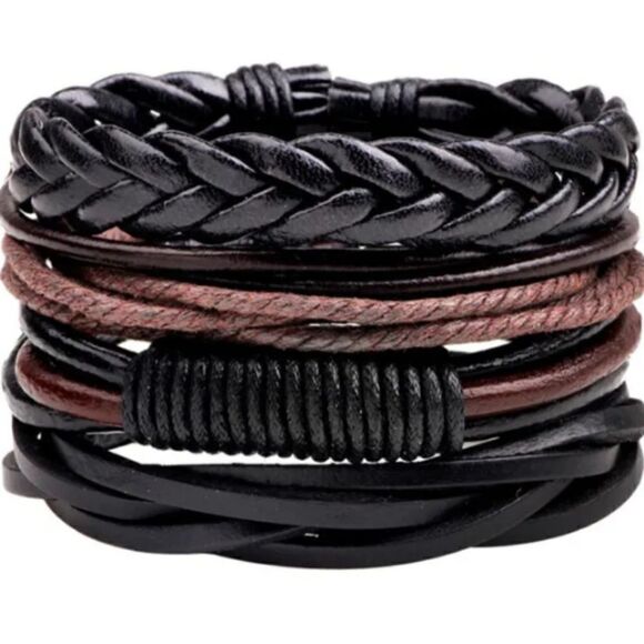 Men's leather bracelets set 4pc layered braided brown new d79 - Picture 3 of 3